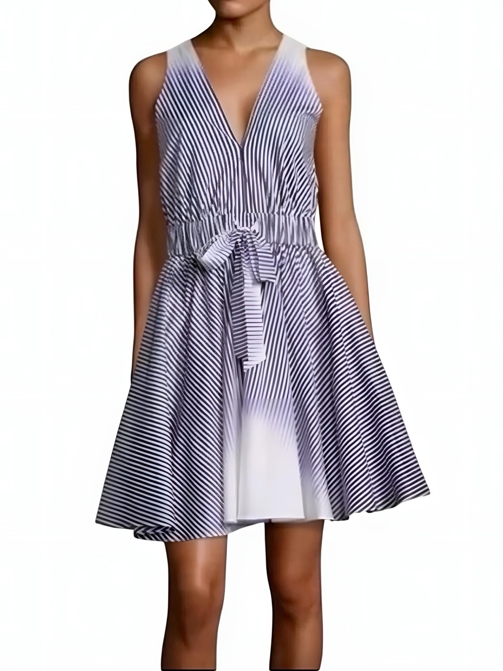 MILLY 100% Cotton Navy Blue & White Striped V-Neck Tie-Waist Mini Dress